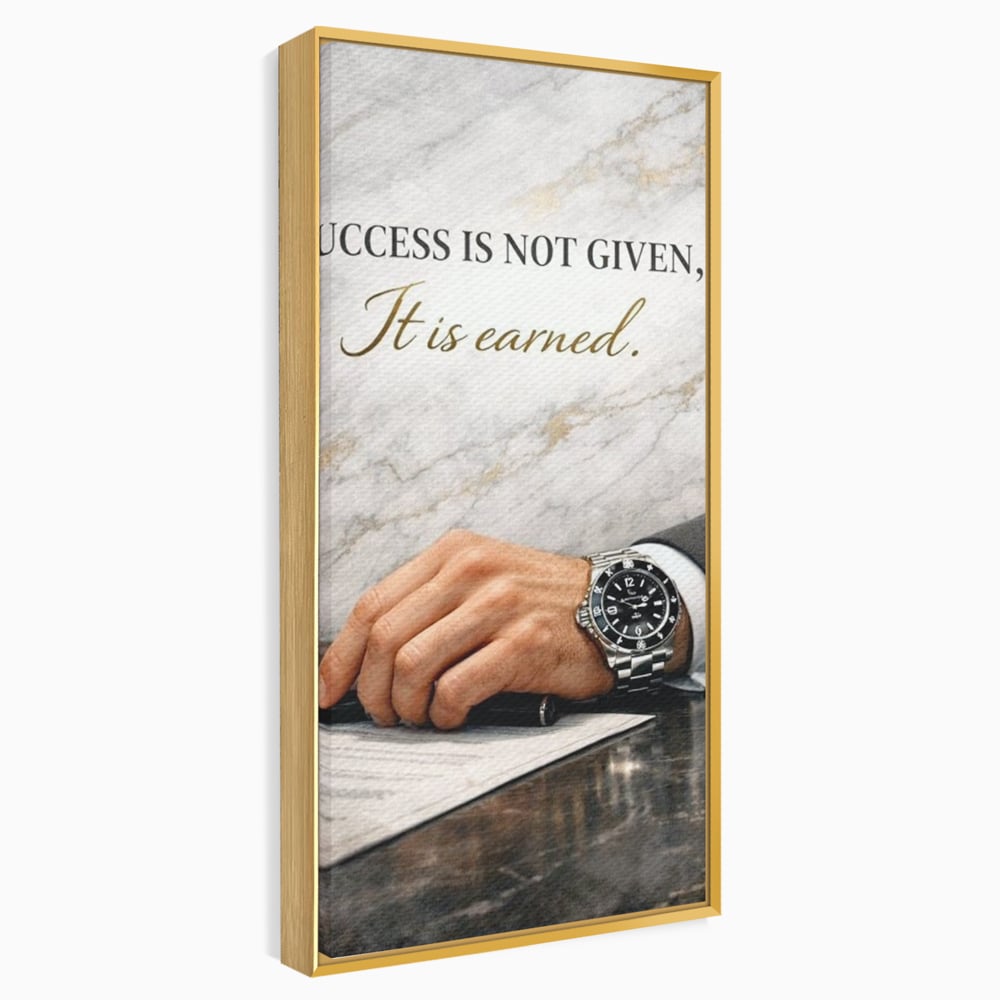 Tablou canvas cu tablou canvas cu citat motivational si mana cu ceas, in rama de aluminiu auriu